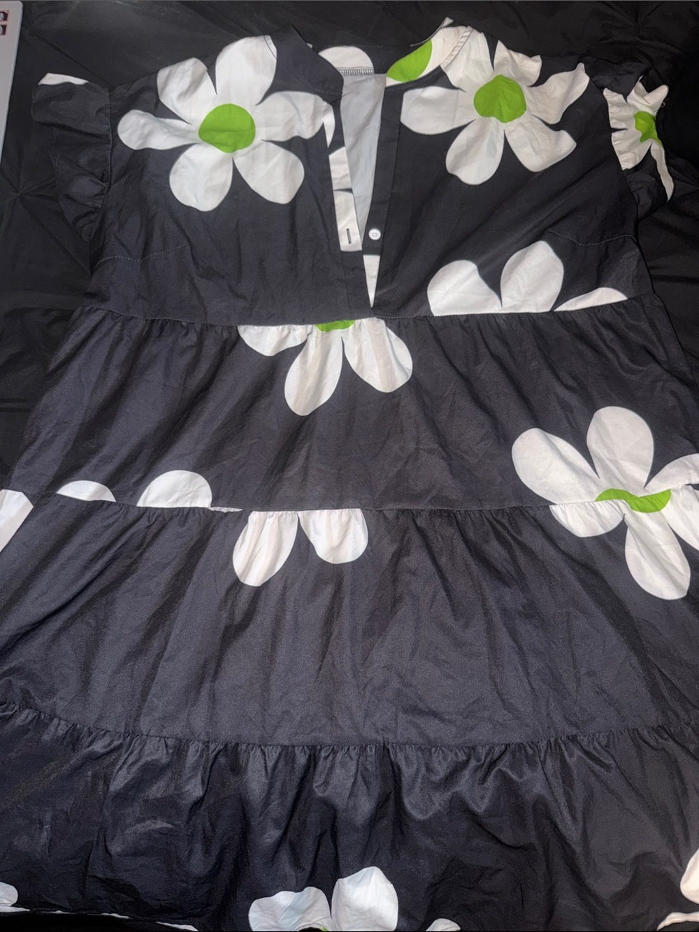 SHEIN Black Maxi Dress with White Daisy Print and Green Centers